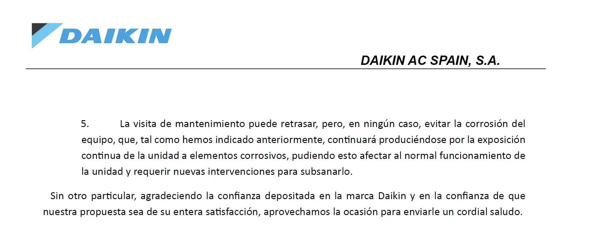 Extracto sobre el mantenimiento de carta de Daikin