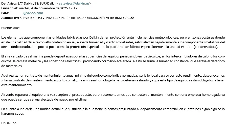 Email de Daikin justificando estado por falta de mantenimiento